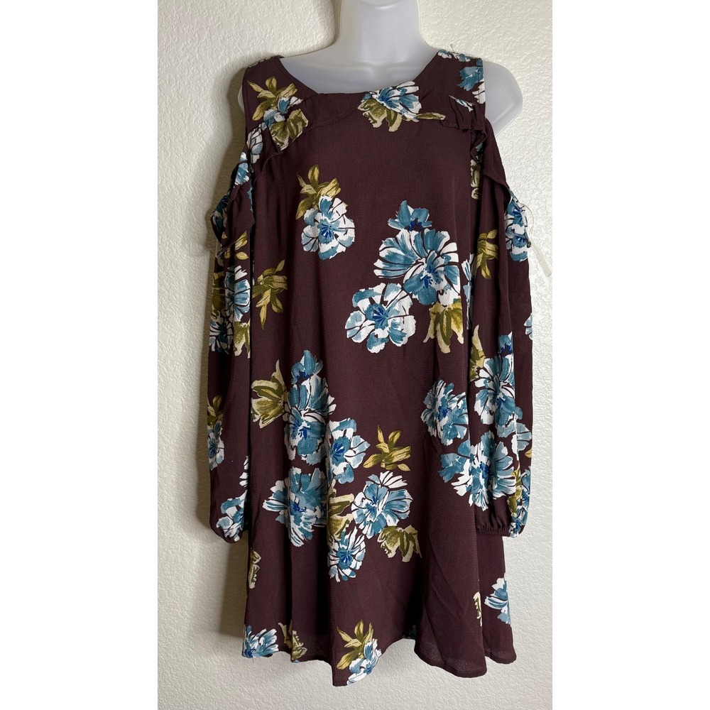 Andree by Unit Womens L Mini Dress Burgundy Floral Cold Shoulder Long Sleeve